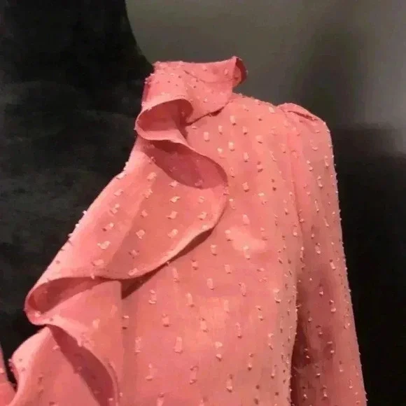 Leche Peplum Pin Dot,long sleeve,ruffle v-neck,bell sleeve,lined,light rose - Picture 2 of 9